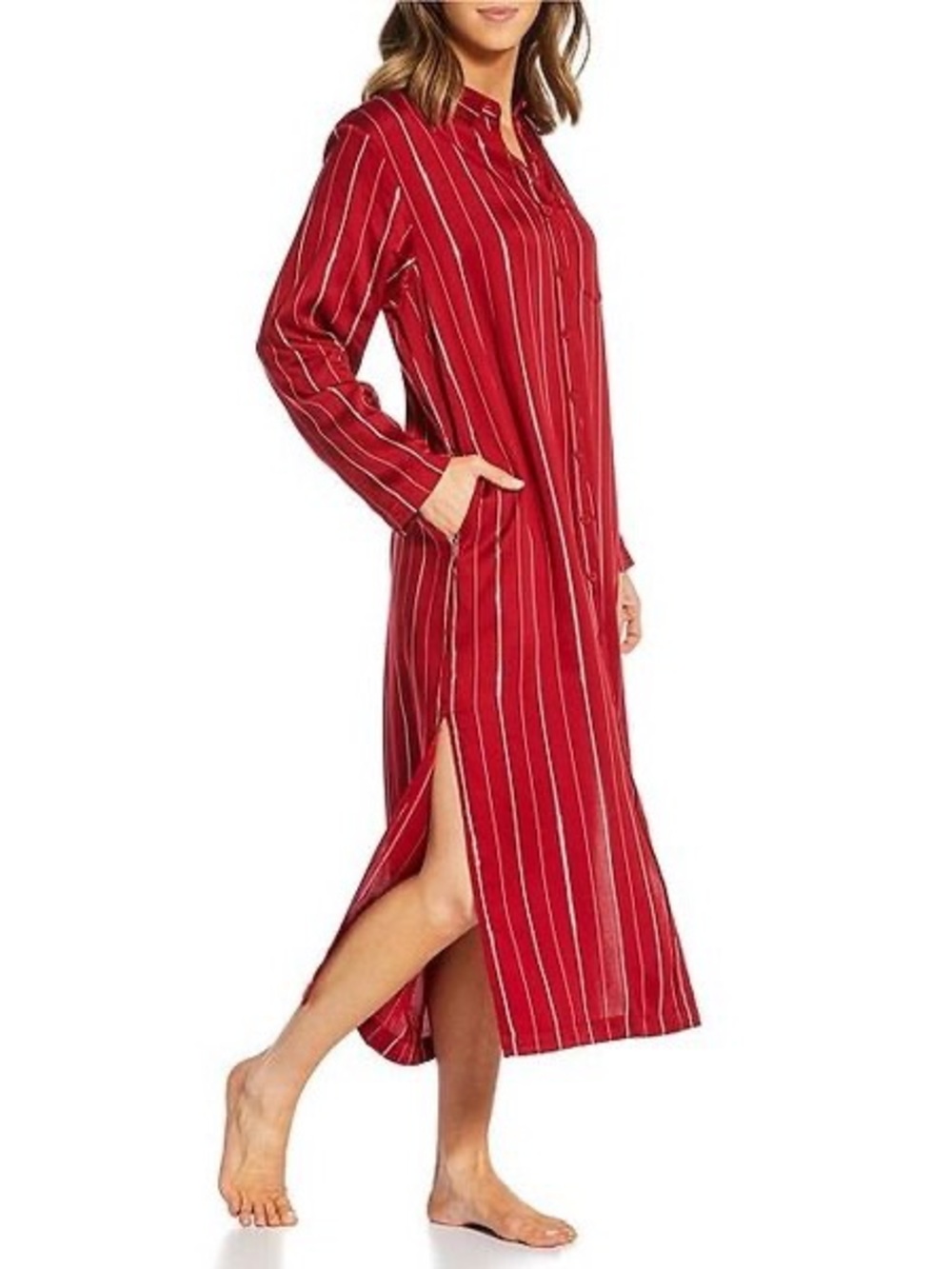 Nottibianche Long Sleeve Notch Collar Woven Satin Metallic Stripe Button Front